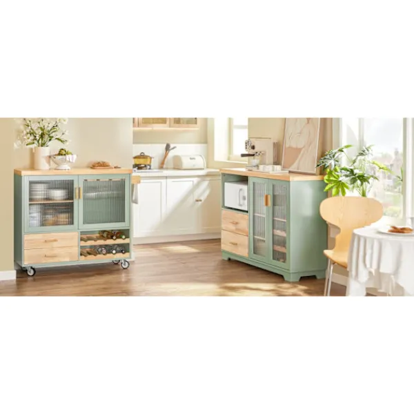 Rootz Living Köksö>Rootz Köksvagn FKW114-GR - Köksö - Skänk - Vinglashållare - Flaskhylla - Slitstark MDF & Bambu - 109cm x 92cm x 40cm