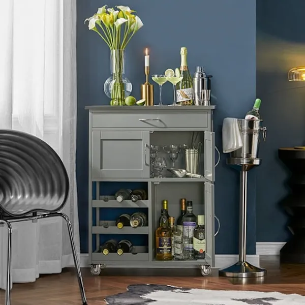 Rootz Living Köksö>Rootz Köksvagn Serveringsvagn - Köksskåp - Mobil förvaringsenhet - MDF och rostfritt stål - Med flaskhyllor, låda och låsbara hjul - 67cm x 87cm x 38c | Fyndiq