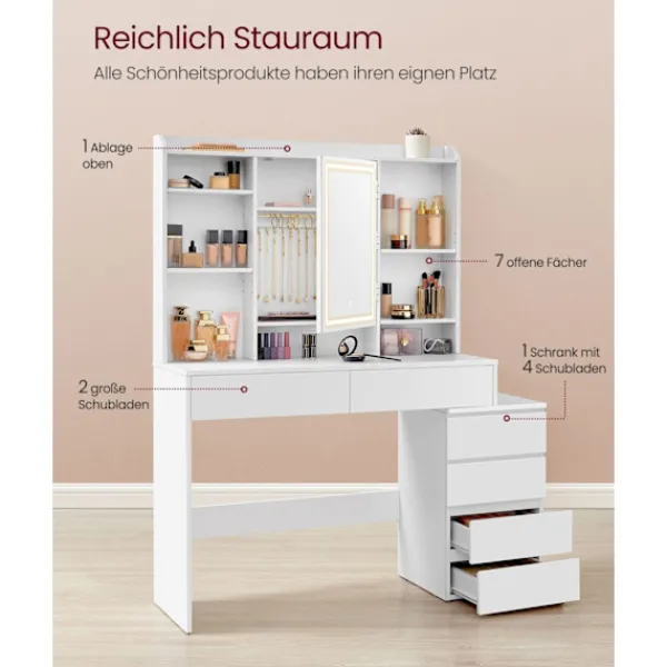 Rootz Living Sminkbord>Rootz LED Sminkbord - Modernt sminkbord - Upplyst sminkbord - Spånskiva - 40 cm x 117 cm x 145 cm - Molnvit