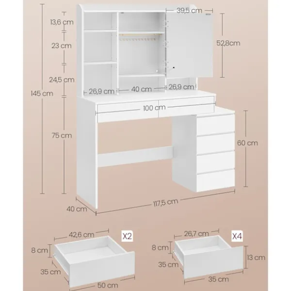 Rootz Living Sminkbord>Rootz LED Sminkbord - Modernt sminkbord - Upplyst sminkbord - Spånskiva - 40 cm x 117 cm x 145 cm - Molnvit