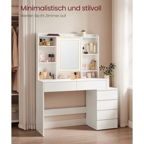 Rootz Living Sminkbord>Rootz LED Sminkbord - Modernt sminkbord - Upplyst sminkbord - Spånskiva - 40 cm x 117 cm x 145 cm - Molnvit