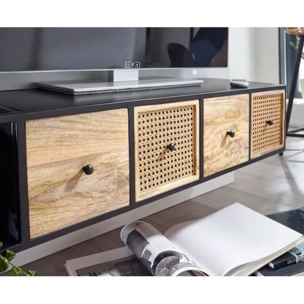 Rootz Living Tv-Bänkar>Rootz lowboard hängande mango massivt trä - metall 150x25x35 cm TV-skåp svart - Design TV-bänk modern - TV-skåp vägg - TV-byrå TV-byrå för upphängning | Fyndiq