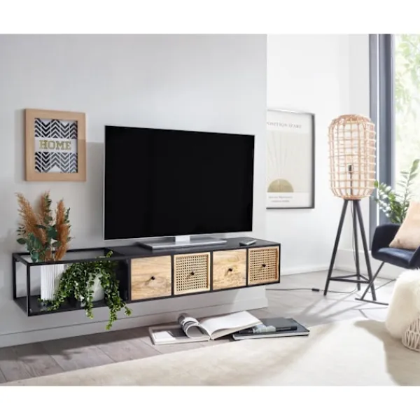 Rootz Living Tv-Bänkar>Rootz lowboard hängande mango massivt trä - metall 150x25x35 cm TV-skåp svart - Design TV-bänk modern - TV-skåp vägg - TV-byrå TV-byrå för upphängning | Fyndiq