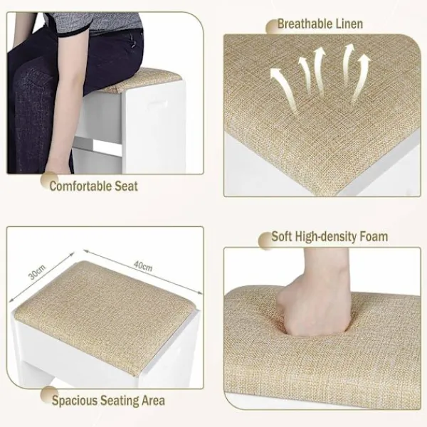 Rootz Living Pallar>Rootz Make -Up Pall - Vanity Seat - Foot Pall - Bekväm 150 kg kapacitet - Elegant brun vit - 40 cm x 45 cm x 30 cm