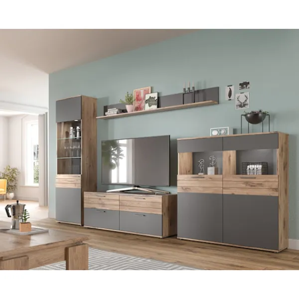 Rootz Living Skåp>Rootz Mason Display Cabinet - Glass Showcase - 2 Door Cabinet - Modern Design - Basalt Gray - Nox Oak - 110cm x 122cm x 37 cm