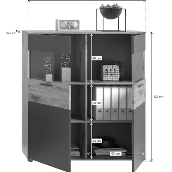 Rootz Living Skåp>Rootz Mason Display Cabinet - Glass Showcase - 2 Door Cabinet - Modern Design - Basalt Gray - Nox Oak - 110cm x 122cm x 37 cm