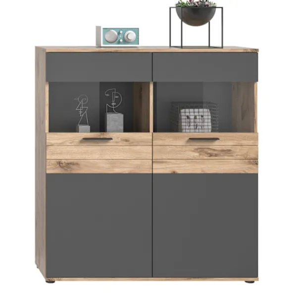 Rootz Living Skåp>Rootz Mason Display Cabinet - Glass Showcase - 2 Door Cabinet - Modern Design - Basalt Gray - Nox Oak - 110cm x 122cm x 37 cm