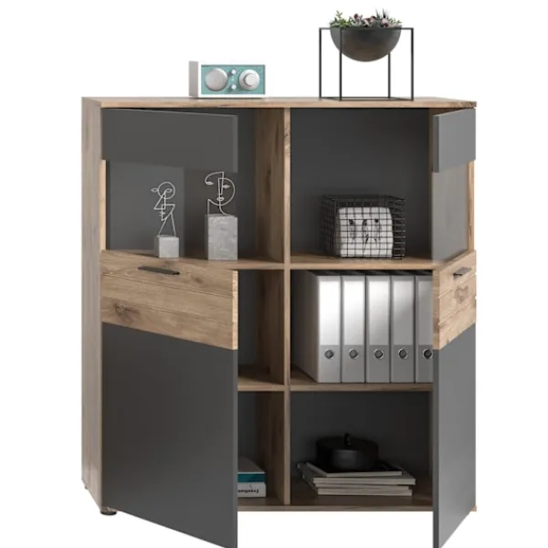 Rootz Living Skåp>Rootz Mason Display Cabinet - Glass Showcase - 2 Door Cabinet - Modern Design - Basalt Gray - Nox Oak - 110cm x 122cm x 37 cm