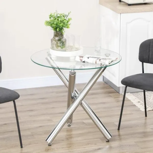 Rootz Living Matbord>Rootz Matbord - Rund skiva i härdat glas - Kantlös design - för 2-4 personer - Stålben - Transparent + Silver - 80 x 80 x 74 cm