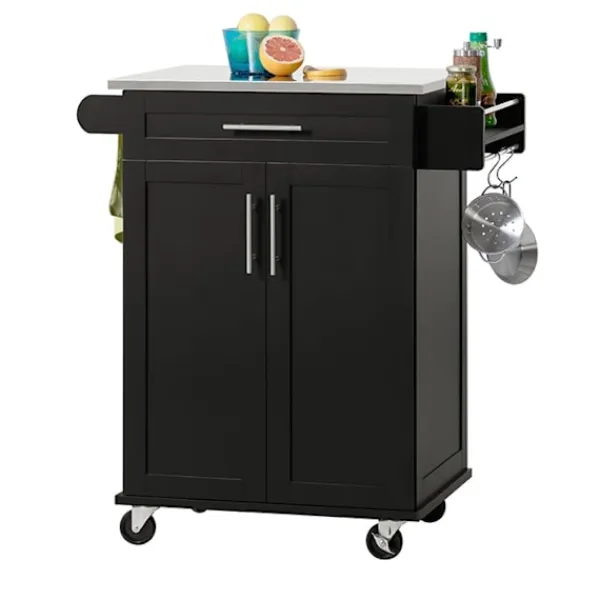 Rootz Living Köksö>Rootz Modern Köksvagn - Dryckesvagn - Serveringsvagn - Topp i rostfritt stål - Handdukshållare - Mobil med hjul - 83cm x 90cm x 46cm