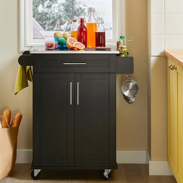 Rootz Living Köksö>Rootz Modern Köksvagn - Dryckesvagn - Serveringsvagn - Topp i rostfritt stål - Handdukshållare - Mobil med hjul - 83cm x 90cm x 46cm