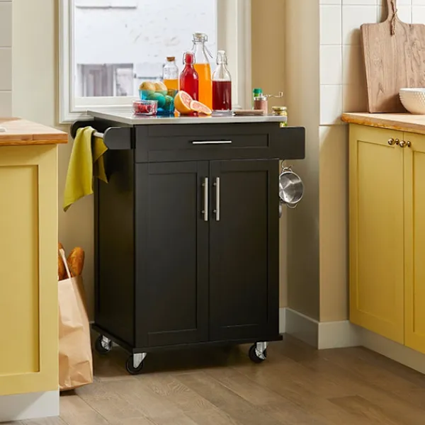 Rootz Living Köksö>Rootz Modern Köksvagn - Dryckesvagn - Serveringsvagn - Topp i rostfritt stål - Handdukshållare - Mobil med hjul - 83cm x 90cm x 46cm