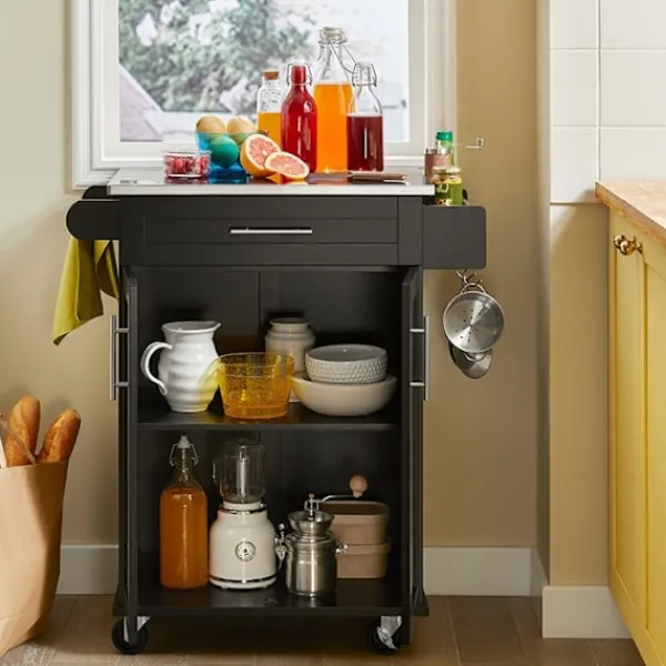 Rootz Living Köksö>Rootz Modern Köksvagn - Dryckesvagn - Serveringsvagn - Topp i rostfritt stål - Handdukshållare - Mobil med hjul - 83cm x 90cm x 46cm