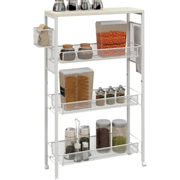 Rootz Living Köksö>Rootz Nischvagn - Multifunktionsvagn - Köksvagn - 3 hyllor - Krokar - Spånskiva - Vit - 58 cm x 18,5 cm x 87 cm