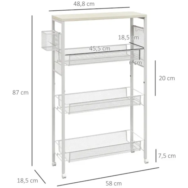 Rootz Living Köksö>Rootz Nischvagn - Multifunktionsvagn - Köksvagn - 3 hyllor - Krokar - Spånskiva - Vit - 58 cm x 18,5 cm x 87 cm