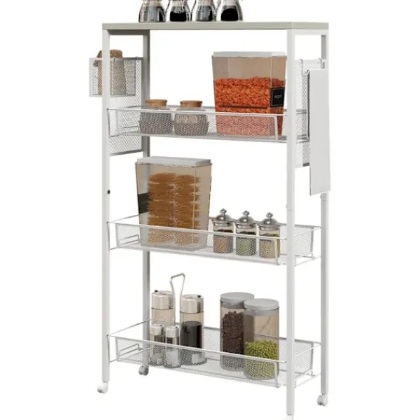 Rootz Living Köksö>Rootz Nischvagn - Multifunktionsvagn - Köksvagn - 3 hyllor - Krokar - Spånskiva - Vit - 58 cm x 18,5 cm x 87 cm