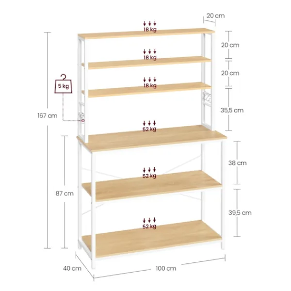 Rootz Living Köksö>Rootz Oak White Cake Rack - Köksarrangör - Förvaringshylla - Spånskiva och stål - 40cm x 100cm x 167cm - Heavy Duty - Enkel montering - Anti-tipfunkti | Fyndiq