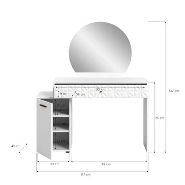 Rootz Living Sminkbord>Rootz prisma toalettbord i vit högglans - skrivbord - kosmetisk bord - 1 dörr - 1 låda - rymdbesparande - 117 cm x 138 cm x 42 cm