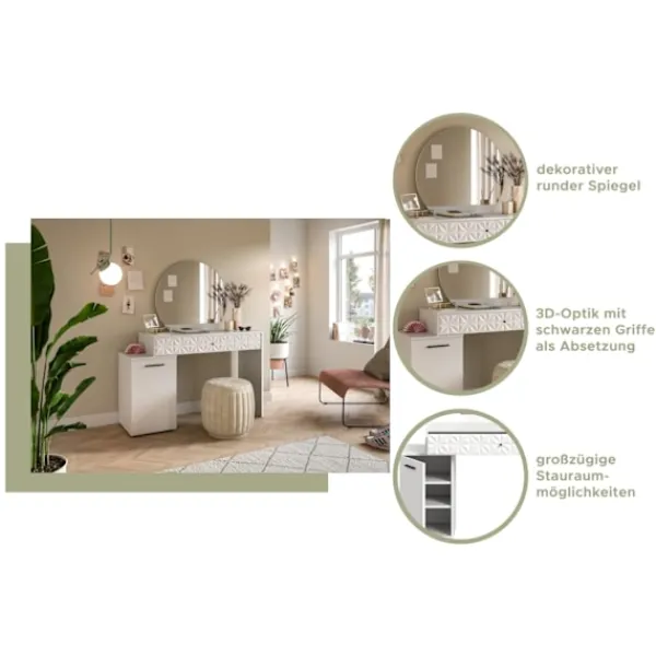 Rootz Living Sminkbord>Rootz prisma toalettbord i vit högglans - skrivbord - kosmetisk bord - 1 dörr - 1 låda - rymdbesparande - 117 cm x 138 cm x 42 cm