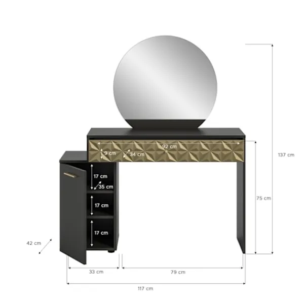Rootz Living Sminkbord>Rootz prisma x76a9t67 toalettbord - skrivbord - kosmetiskt bord - svart melamin - guld trim - 117 cm x 138 cm x 42 cm