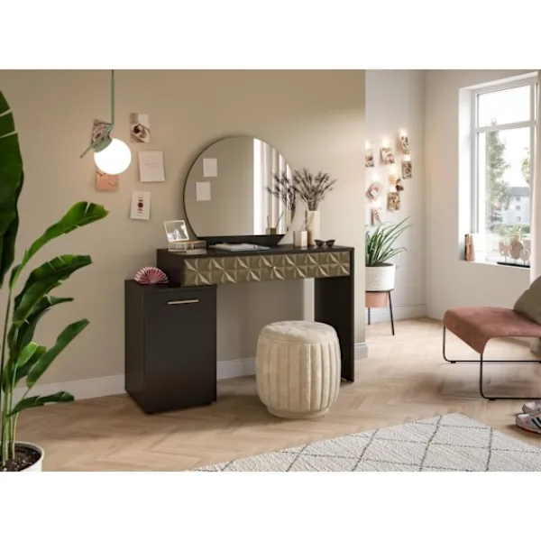 Rootz Living Sminkbord>Rootz prisma x76a9t67 toalettbord - skrivbord - kosmetiskt bord - svart melamin - guld trim - 117 cm x 138 cm x 42 cm