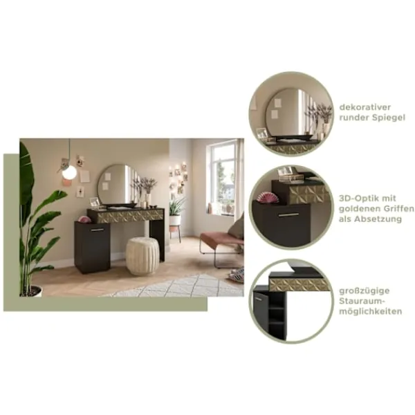 Rootz Living Sminkbord>Rootz prisma x76a9t67 toalettbord - skrivbord - kosmetiskt bord - svart melamin - guld trim - 117 cm x 138 cm x 42 cm