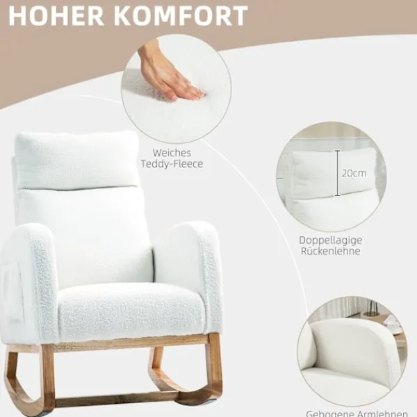 Rootz Living Fåtöljer>Rootz Rocking Chair - Avslappningsstol - Sjuksköterska - Tjock stoppning - 70 cm x 96 cm x 107 cm - vit