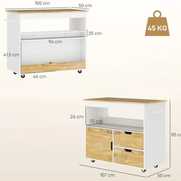 Rootz Living Köksö>Rootz Rollable Kitchen Trolley - Mobile Kitchen Island - Kitchen Cart - riklig förvaring och enkel rörlighet - 107 cm x 50 cm x 85 cm