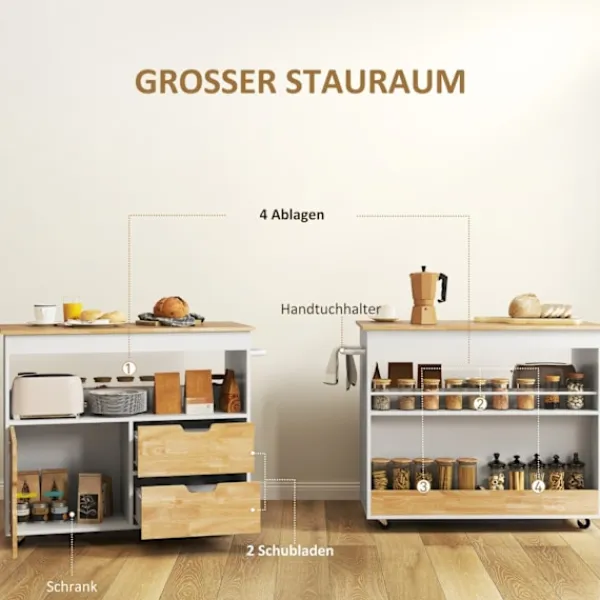 Rootz Living Köksö>Rootz Rollable Kitchen Trolley - Mobile Kitchen Island - Kitchen Cart - riklig förvaring och enkel rörlighet - 107 cm x 50 cm x 85 cm