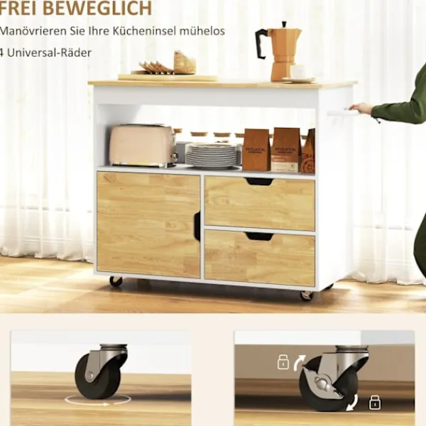 Rootz Living Köksö>Rootz Rollable Kitchen Trolley - Mobile Kitchen Island - Kitchen Cart - riklig förvaring och enkel rörlighet - 107 cm x 50 cm x 85 cm