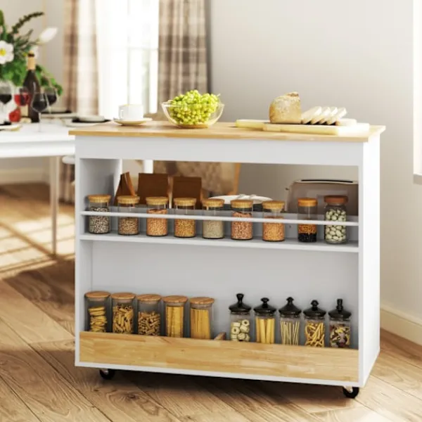 Rootz Living Köksö>Rootz Rollable Kitchen Trolley - Mobile Kitchen Island - Kitchen Cart - riklig förvaring och enkel rörlighet - 107 cm x 50 cm x 85 cm
