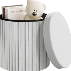 Rootz Living Sittpuffar>Rootz Round Velvet Storage Pall - Puff Ottoman - Kräm/Grå - Dold förvaring - Mjuk stoppning - 38cm x 36cm - Elegant volangdesign
