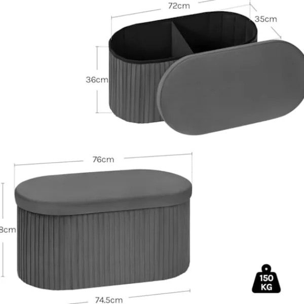 Rootz Living Pallar>Rootz sammet vikbar förvaringspall - ottoman - säte bröstet - bekvämt skum - 76x38x38 cm, grå