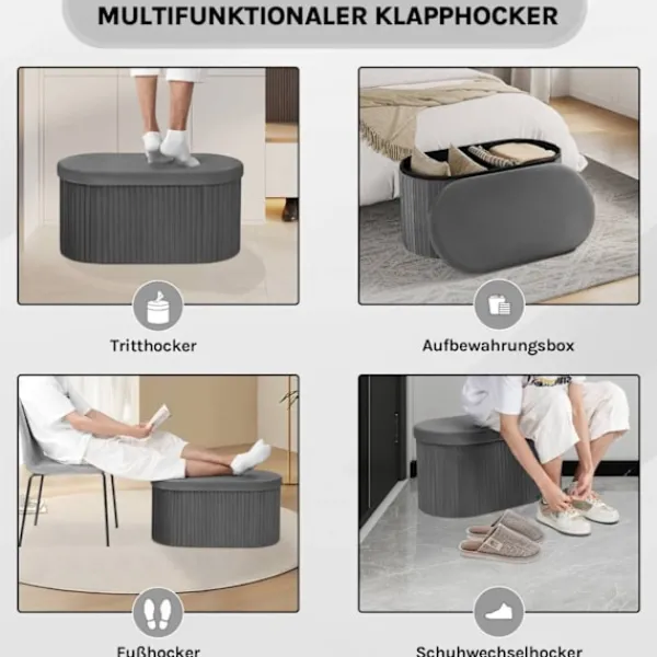 Rootz Living Pallar>Rootz sammet vikbar förvaringspall - ottoman - säte bröstet - bekvämt skum - 76x38x38 cm, grå