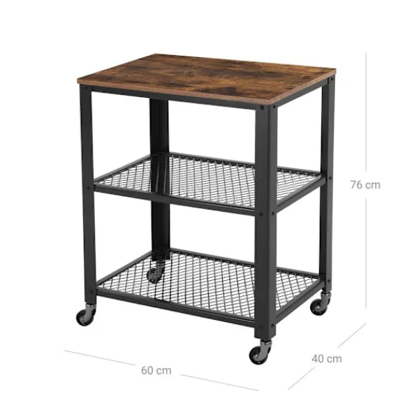Rootz Living Småbord>Rootz serveringsvagn - 3-vånings serveringsvagn - 1 bordsskiva - 4 hjul med 2 bromsar - Hållbar och robust - Stålram + spånskiva - Vintage Brun-svart | Fyndiq