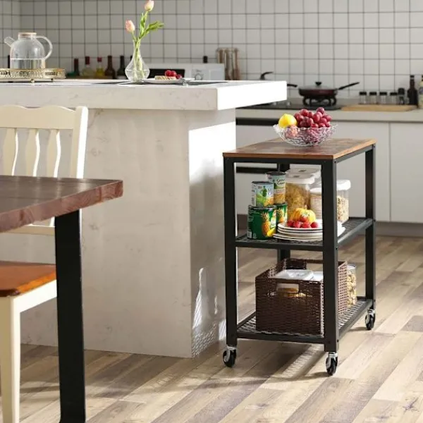 Rootz Living Småbord>Rootz serveringsvagn - 3-vånings serveringsvagn - 1 bordsskiva - 4 hjul med 2 bromsar - Hållbar och robust - Stålram + spånskiva - Vintage Brun-svart | Fyndiq