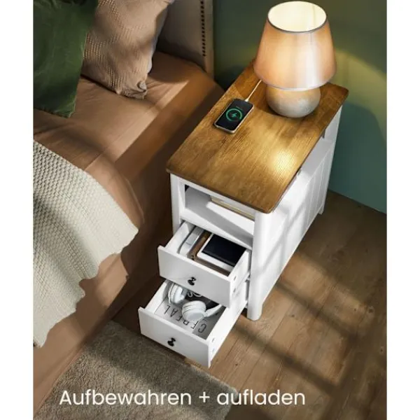 Rootz Living Småbord>Rootz sidobord med Power Strip - Avslutsbord - Nattduksbord - Träspånskiva - MDF - Valnöt Brun-Vit - 60cm x 35cm x 60cm - 17kg - 90kg Max belastningsk | Fyndiq
