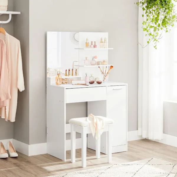 Rootz Living Sminkbord>Rootz Sminkbord - Med hyllor och låda - Sminkbord med hyllor - Sovrumsarrangör - Smidbord - Snyggt sminkbord - Spånskiva - Vit - 80 x 40 x 132 cm (L x | Fyndiq