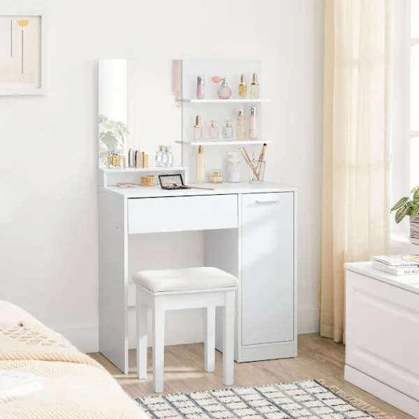Rootz Living Sminkbord>Rootz Sminkbord - Med hyllor och låda - Sminkbord med hyllor - Sovrumsarrangör - Smidbord - Snyggt sminkbord - Spånskiva - Vit - 80 x 40 x 132 cm (L x | Fyndiq