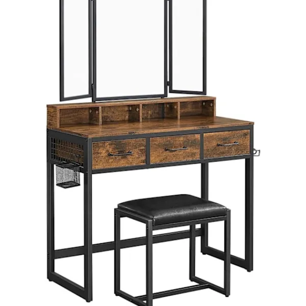 Rootz Living Sminkbord>Rootz Sminkbord - Set - Sminkbord - 3-delat - Fällbar spegel - Hårtorkhållare - Kosmetikbord - Stoppad pall - 3 lådor - Industriell - Brun - Svart
