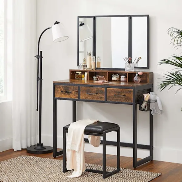 Rootz Living Sminkbord>Rootz Sminkbord - Set - Sminkbord - 3-delat - Fällbar spegel - Hårtorkhållare - Kosmetikbord - Stoppad pall - 3 lådor - Industriell - Brun - Svart