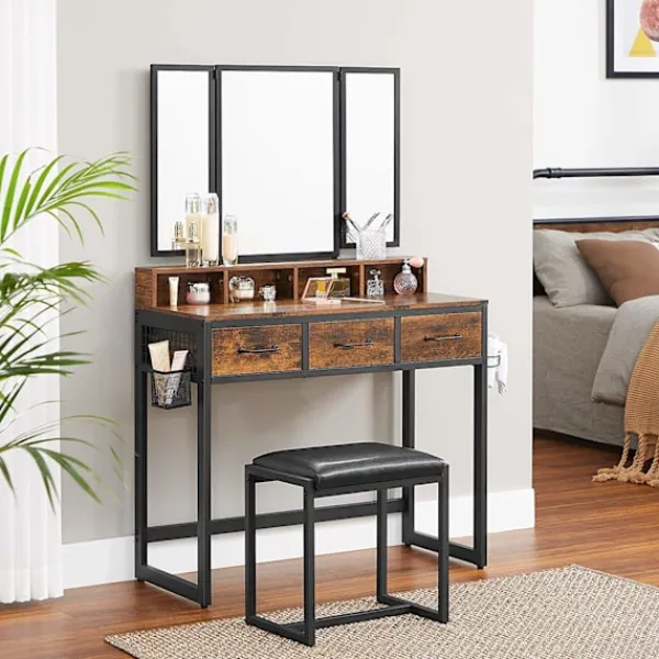 Rootz Living Sminkbord>Rootz Sminkbord - Set - Sminkbord - 3-delat - Fällbar spegel - Hårtorkhållare - Kosmetikbord - Stoppad pall - 3 lådor - Industriell - Brun - Svart