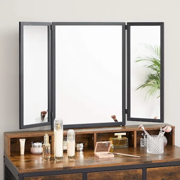 Rootz Living Sminkbord>Rootz Sminkbord - Set - Sminkbord - 3-delat - Fällbar spegel - Hårtorkhållare - Kosmetikbord - Stoppad pall - 3 lådor - Industriell - Brun - Svart