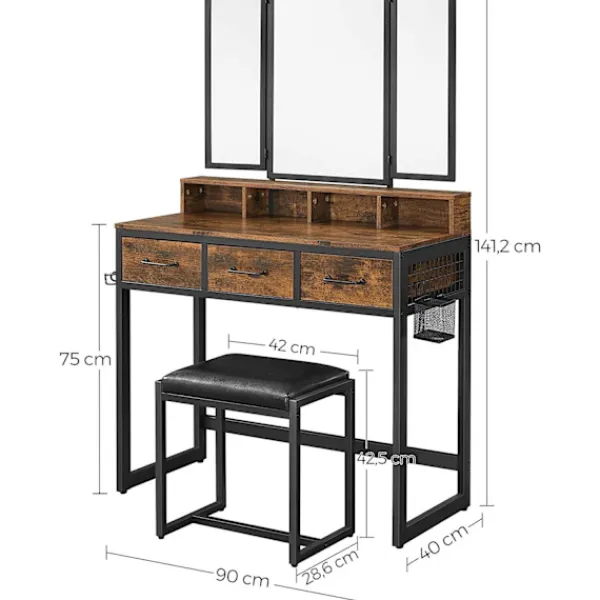 Rootz Living Sminkbord>Rootz Sminkbord - Set - Sminkbord - 3-delat - Fällbar spegel - Hårtorkhållare - Kosmetikbord - Stoppad pall - 3 lådor - Industriell - Brun - Svart