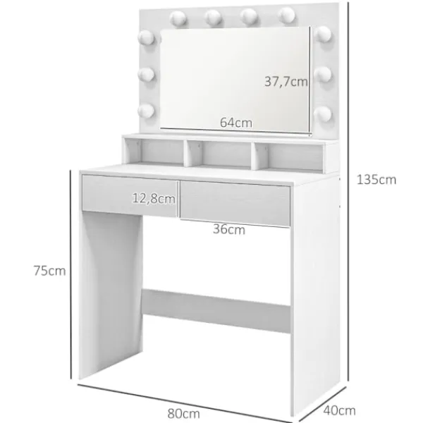 Rootz Living Sminkbord>Rootz Sminkbord - Sminkbord - Sminkbord - Gott om förvaring och belysning - 80W x 40D x 135H cm