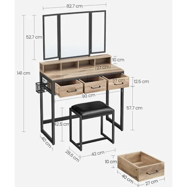 Rootz Living Sminkbord>Rootz Sminkbord - Sminkbord - Spånskivakonstruktion - Ek brun-svart finish - Modern Glam Style - 40cm x 90cm x 141cm
