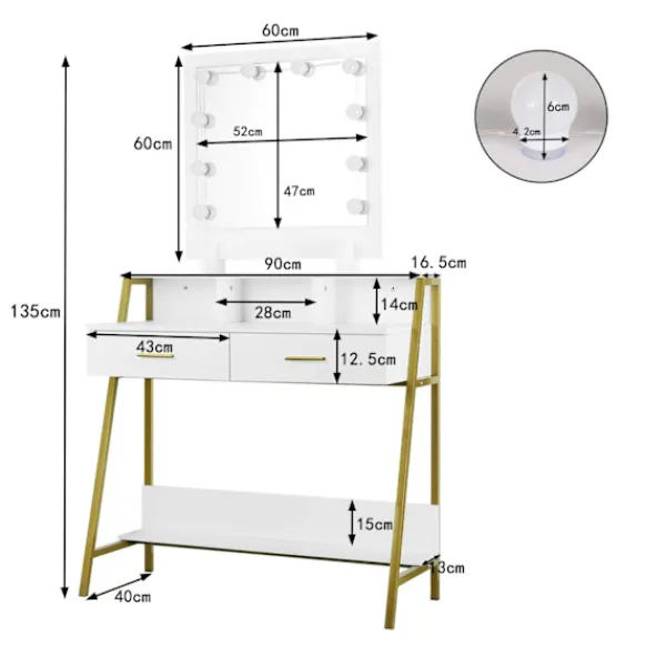 Rootz Living Sminkbord>Rootz Sminkbord - Sminkbord - Sminkställ - Kosmetisk organisering - Beauty Station - Upplyst konsol - Sminkbord - Vit - 90x153x40 cm