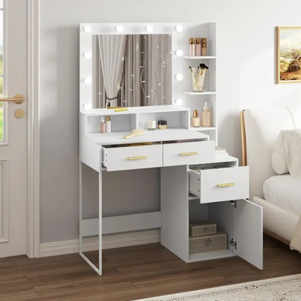 Rootz Living Sminkbord>Rootz Sminkbord med LED-spegel - Sminkbord - Justerbar ljusstyrka, rymlig förvaring, hållbar konstruktion - 90 cm x 143 cm x 39,5 cm
