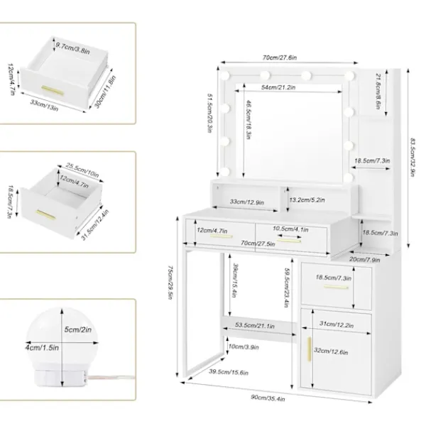 Rootz Living Sminkbord>Rootz Sminkbord med LED-spegel - Sminkbord - Justerbar ljusstyrka, rymlig förvaring, hållbar konstruktion - 90 cm x 143 cm x 39,5 cm