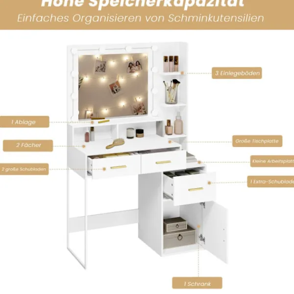 Rootz Living Sminkbord>Rootz Sminkbord med LED-spegel - Sminkbord - Justerbar ljusstyrka, rymlig förvaring, hållbar konstruktion - 90 cm x 143 cm x 39,5 cm